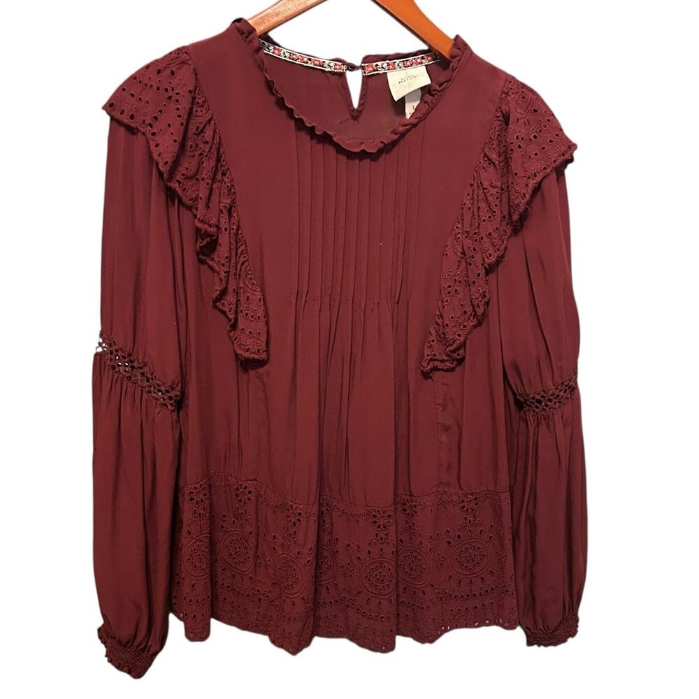 Y2K Knox Rose Women Boho Top L Maroon Ruffle Eyelet Babydoll Cottage Romantic‎